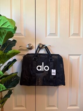 ALO Yoga Black Mesh Duffle Bag with White Logo